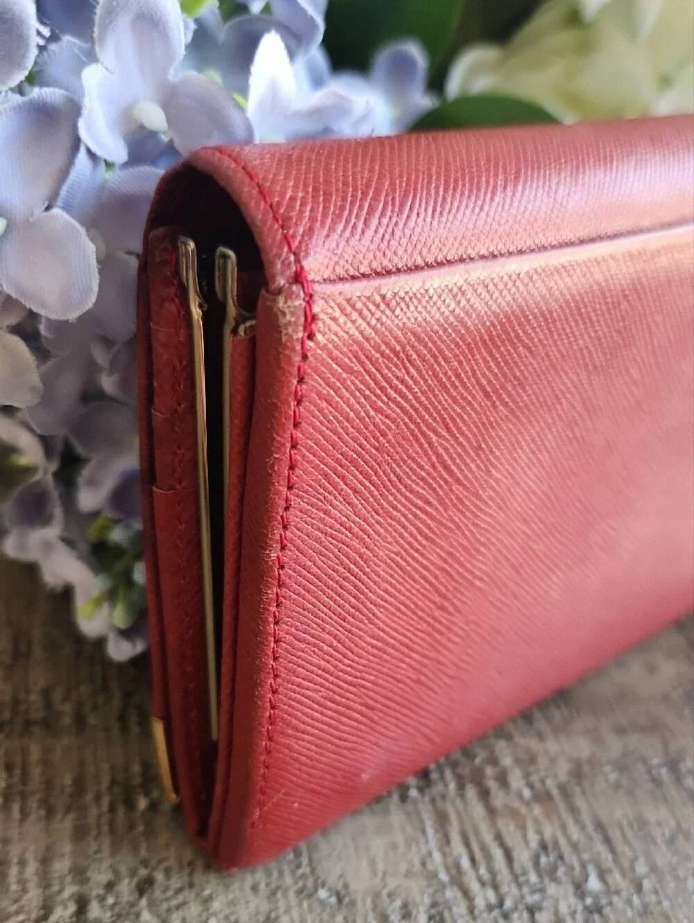 Givenchy Red Textured Leather Long Wallet with Gold Corner Accents
